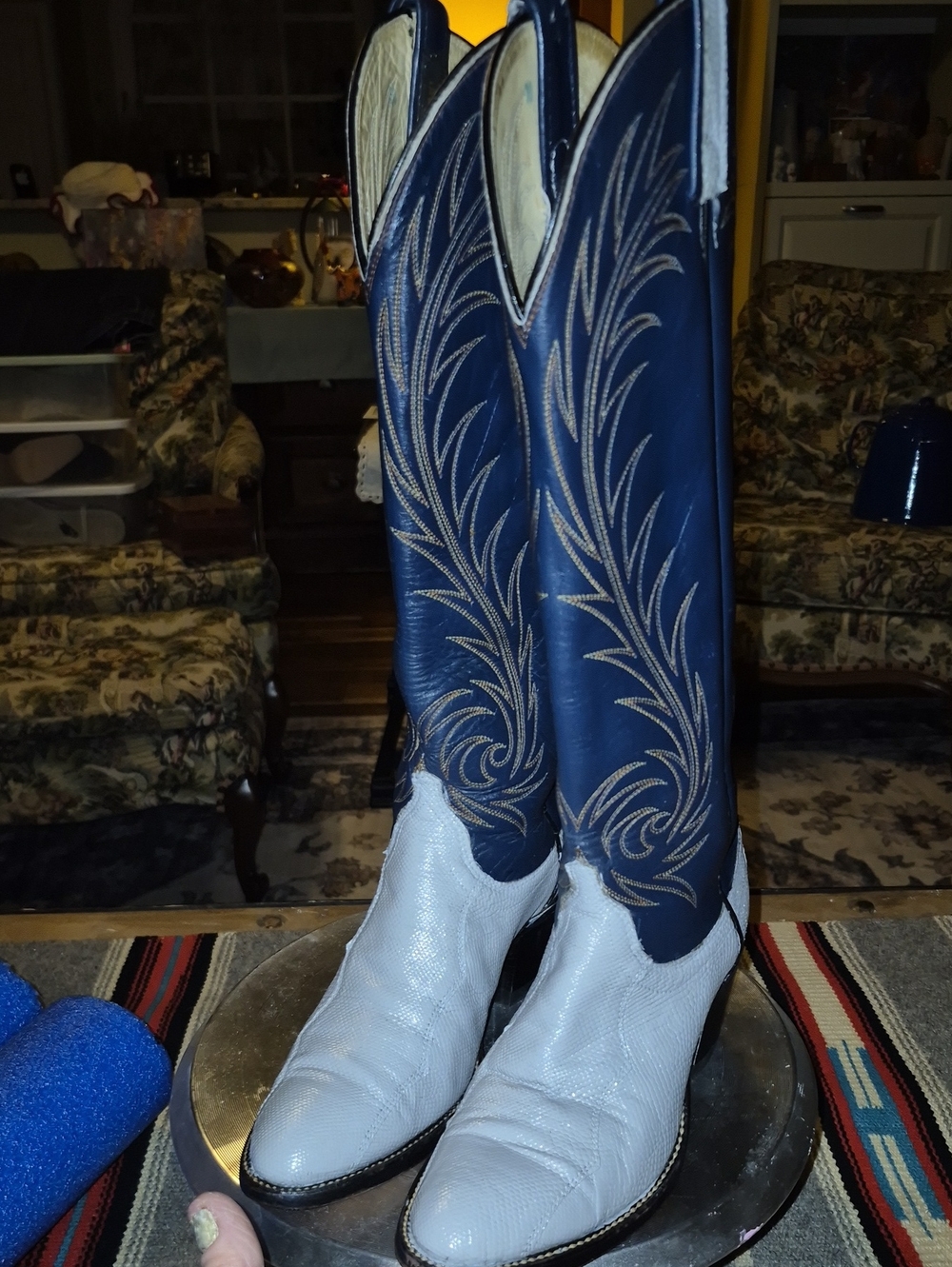 Dan Post Womens Antelope Sz 7 Boots Navy&Dove gray. 17" Tall Made In El Paso